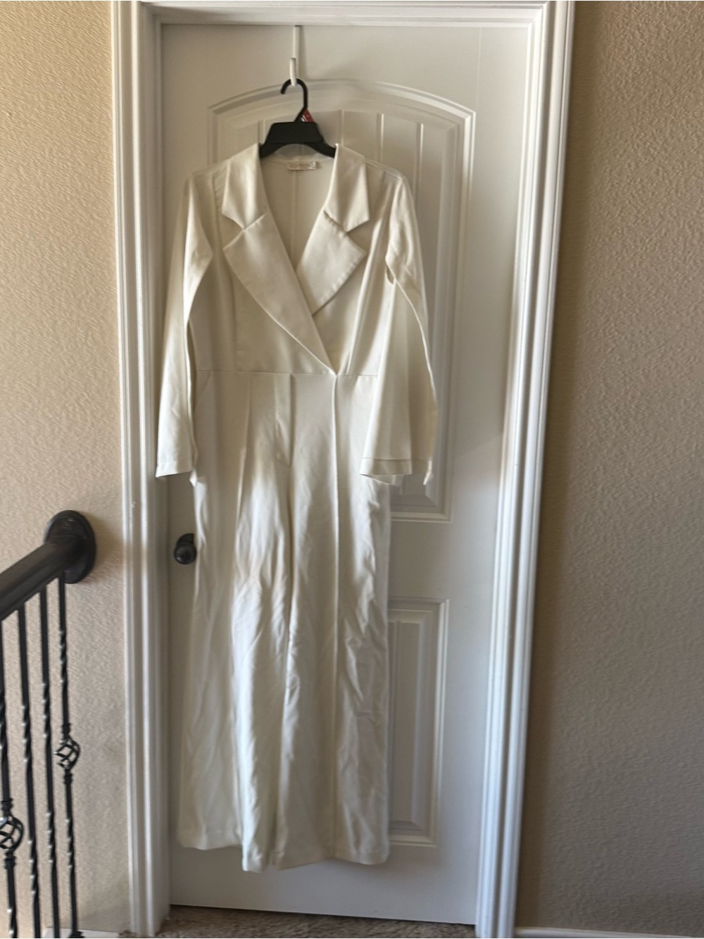 Long Cream Wrap-Style jumpsuit with Lapel Collar
